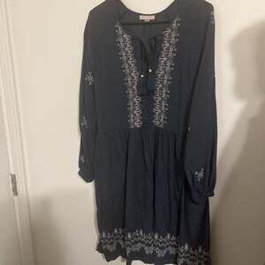 Knox Rose Balloon Long Sleeve Embroidered Boho Cross Stitch Dress Blue